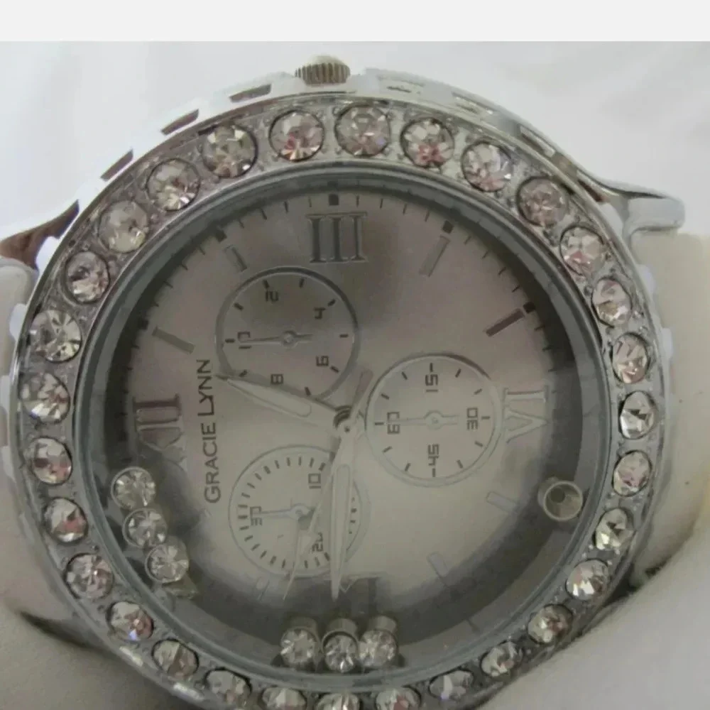 Gracie Lynn Watch White Buckle Band Round Face Silver Toned Rhinestones